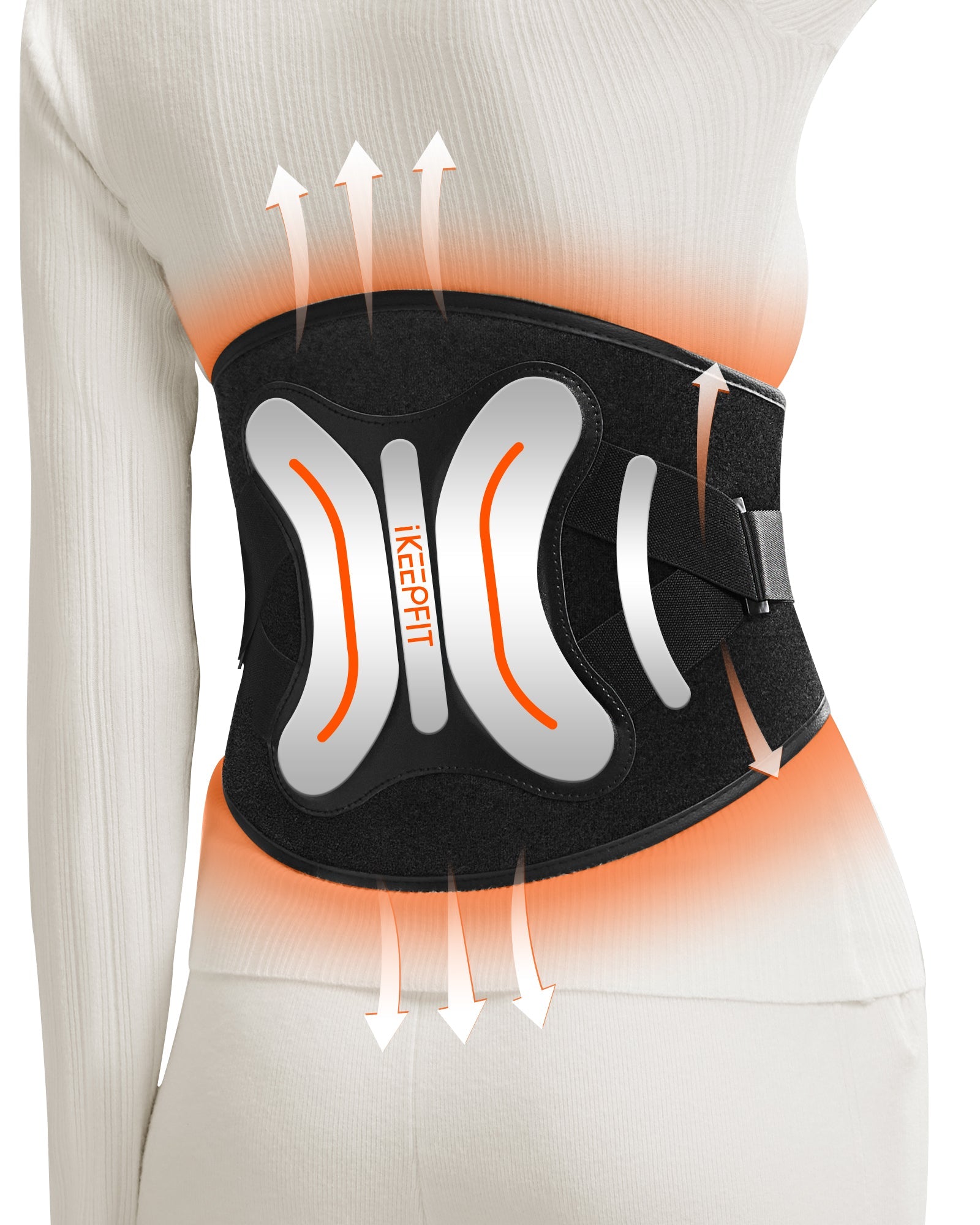 IKEEPFIT MAXwarm 4.0 black cordless heating and massage belt worn on the lower back