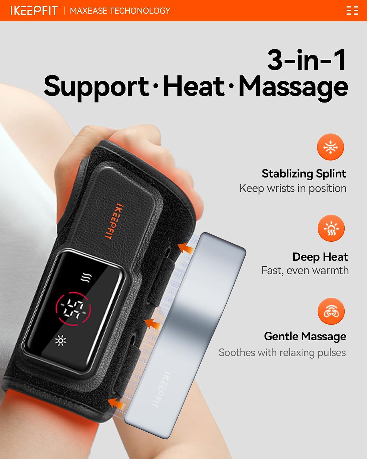 IKEEPFIT MAXease wrist brace support heat and massage functions